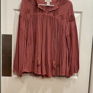 Rachel Zoe Embroidered Tunic Top Peasant Blouse Dusty Rose Boho Women's Size M